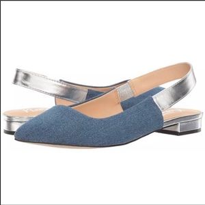 Nanette Lepore Abee sling back denim & silver flats 8.5